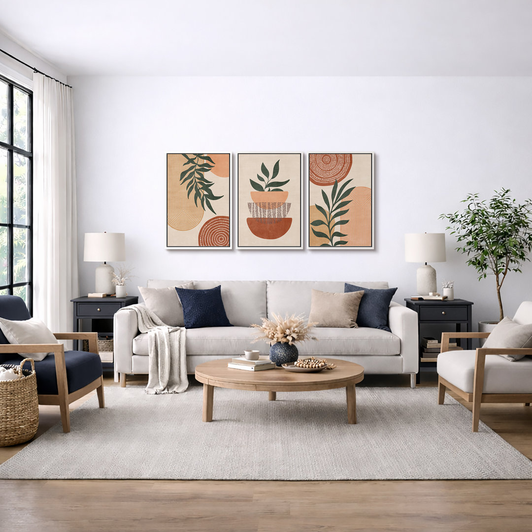 Mid Century Modern Boho Geometric Polygon Palm Leaf - 3 Piece Floater Frame Graphic Art Set on Canvas IDEA4WALL Frame 