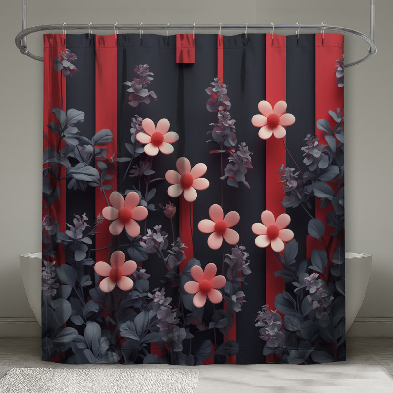   Rideau de douche fleurs à rayures rouges très long, L 70 po x H 84 po
