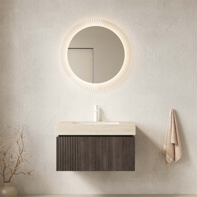 Meuble-lavabo flottant de 30 po avec rangement en contreplaqué, comptoir en pierre frittée, lavabo en céramique et trou de robinet pré-percé, finition grain de bois