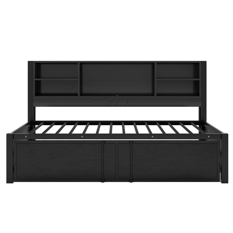 Metal Storage Daybed with Trundle,Shelves and USB Ports, Black