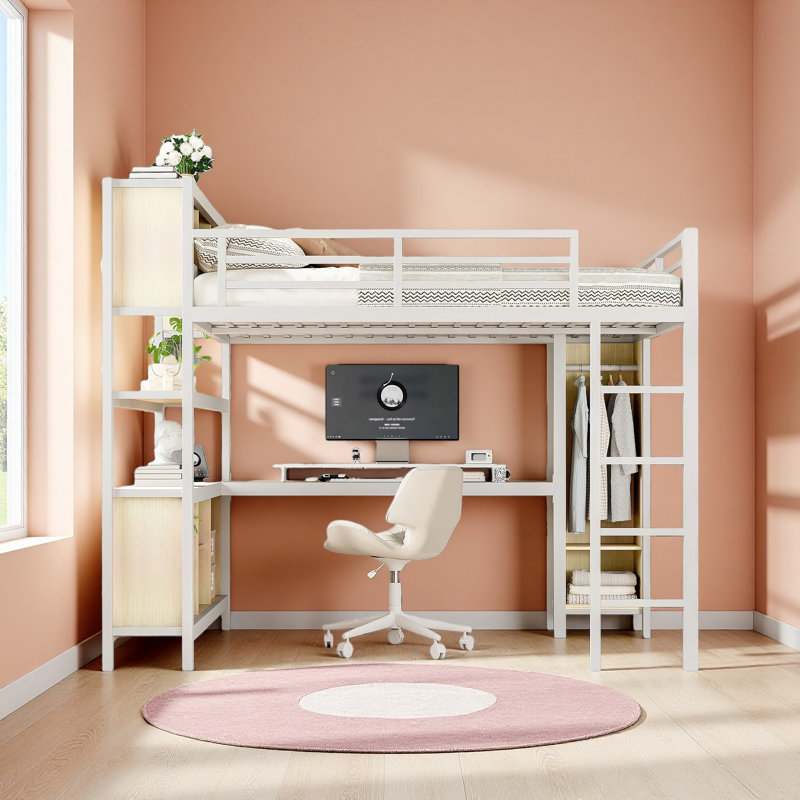 Metal Loft Bed With Wardrobe And L-Shaped Desk, Queen Size Loft Bed With Storage Cubes And Shelves, Heavy Duty Loft Bed For Kids Teens Adults