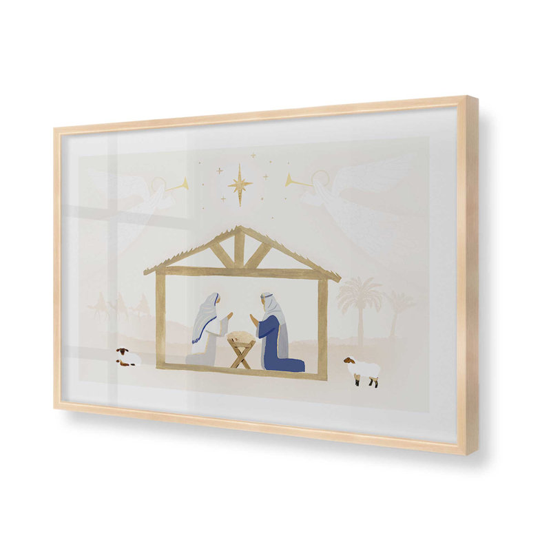 Impression de la crèche de la Sainte Nuit dans un cadre, Érable brut encadré, H 19 po x l 25 po x P 1,25 po