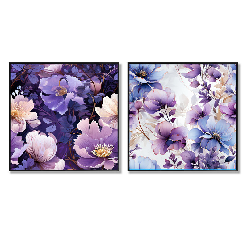 Farah - Ensemble de 2 collages carrés floraux, Cadre flottant noir, H 16 po x l 33 po