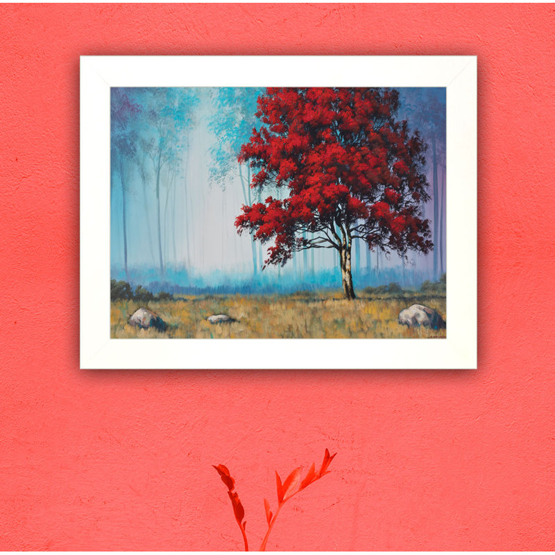 Art mural encadré arbre rouge pour le salon, décoration murale pour la chambre à coucher par Tim Lyon, Cadre blanc