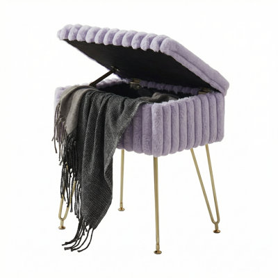 Faux Fur Uphosltered Vanity Stool with Storage and Metal Legs by Mercer41