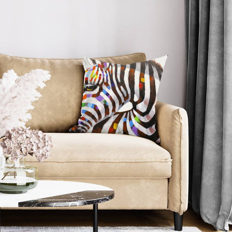 Monochrome zebra with touch of colors - 20"x20" Throw pillow - Poly twill - Print on demand