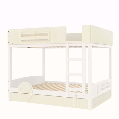 Grand lit superposé avec lit gigogne, cadre de lit superposé en bois avec bibliothèque intégrée et garde-corps de sécurité de haute qualité, forme d'automobile pour enfants, blanc et beige.