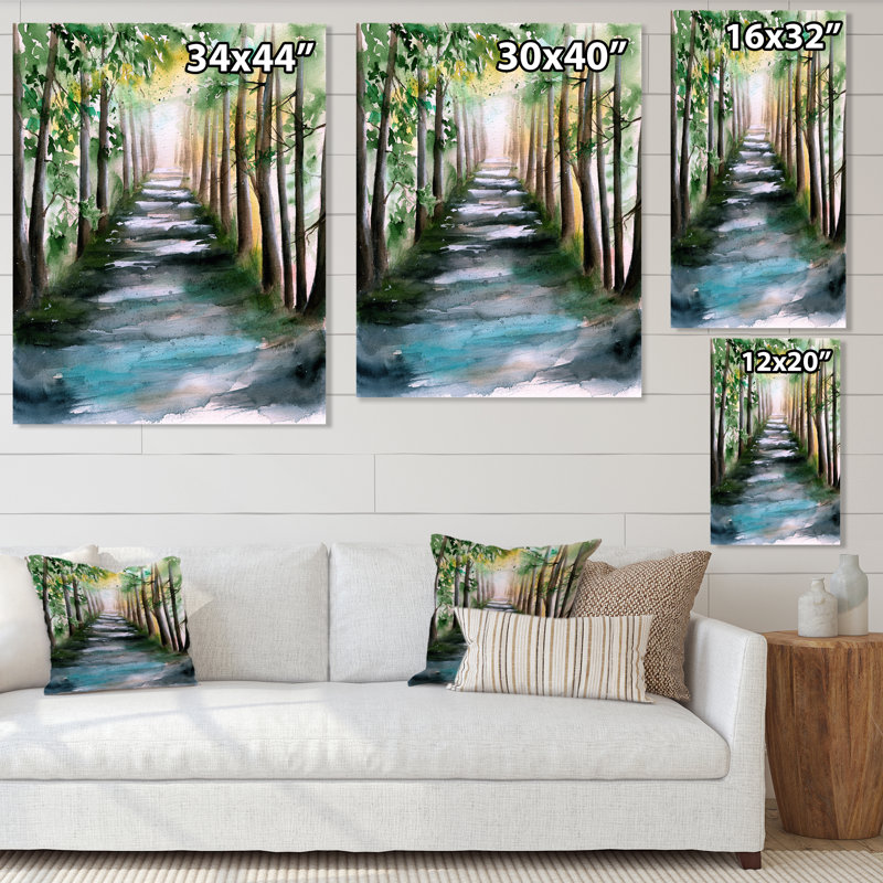 Une allée de forêt ensoleillée avec des ombres d'arbre - peinture sur toile, Toile tendue, H 44 po x l 34 po