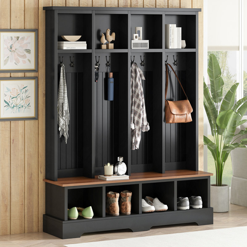 Farmhouse 59"W Wide Hall Tree With 8 Hooks, Practical Entryway Bench With Open Compartments, 76.7"H Modern 3-In-1 Wooden Style Coat And Shoe Rack For Mudroom, Living Room, Black