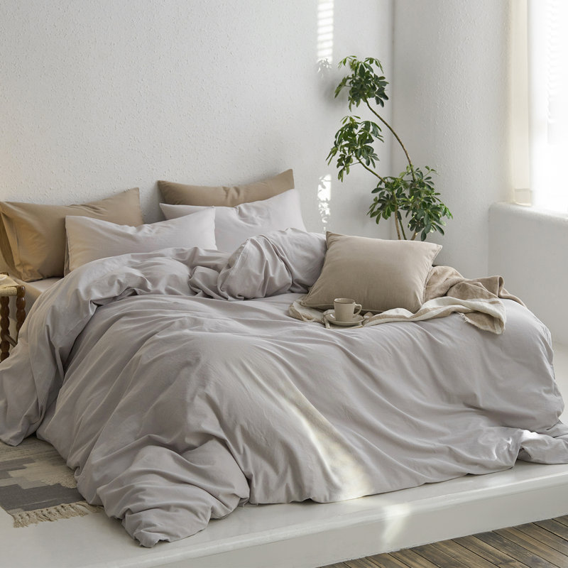 MooMee Duvet Cover Set with Zipper Closure & 8 Interior Ties 100% Washed Cotton Twill Soft Linen Like Textured, Light Gray