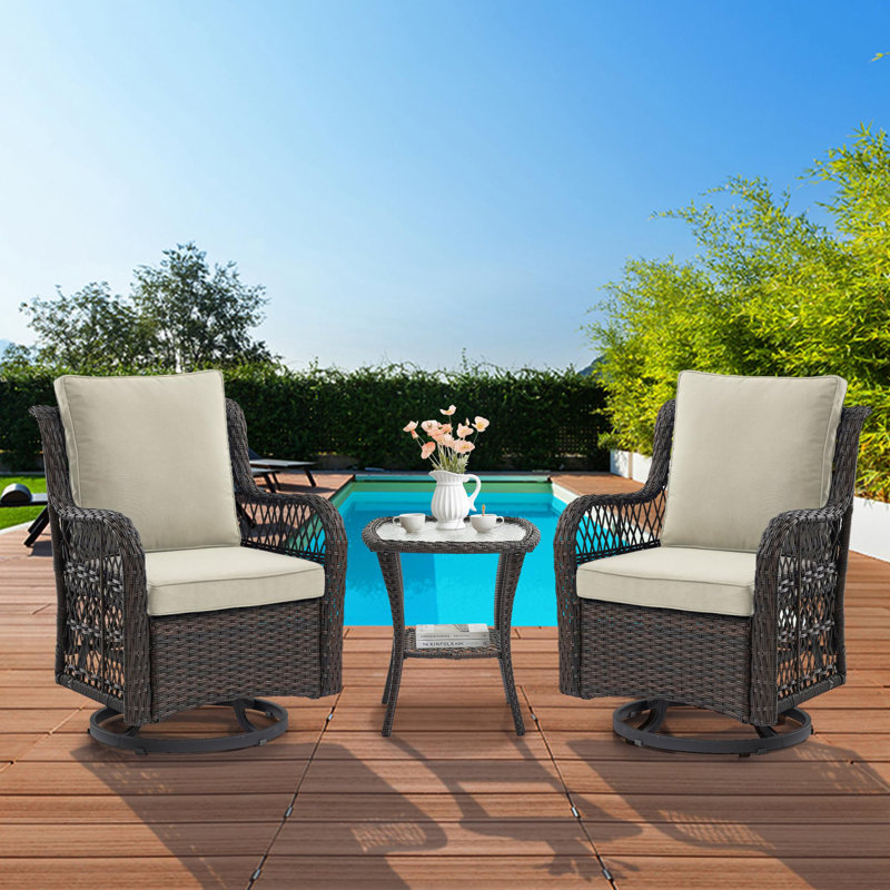 3 Piece Outdoor Patio Set, Wicker Rocking Bistro Set with 2 Swivel Chairs & Tempered Glass Top Table, Rattan Outdoor Furniture with Cushions for Patio Porch Backyard