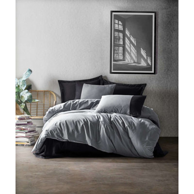 Ensemble de housse de courtepointe 100% coton Ranforce, 102,4 x 86,6 pouces | Comprend 2 taies d'oreiller (23,6 po x 23,6 po) | Impression réactive, lavable à la machine, élégant design gris et noir, fermeture à boutons pour couette