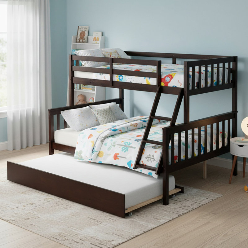 Solid Wood Twin Over Full Bunk Bed with Twin Size Trundle, Convertible Bunk Bed with Ladder and Guardrail for Boys& Girls