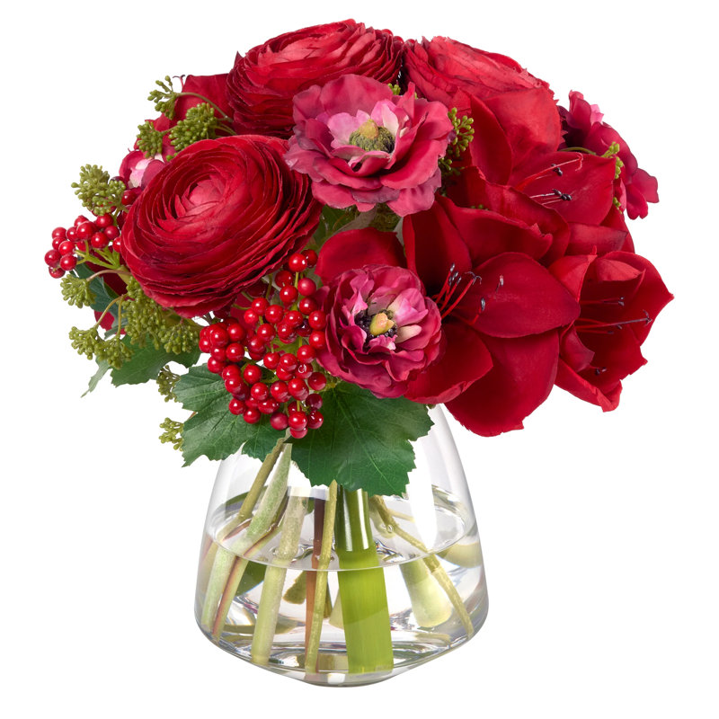 Amaryllis, Ranunculus and Berry Bouquet in Glass Vase