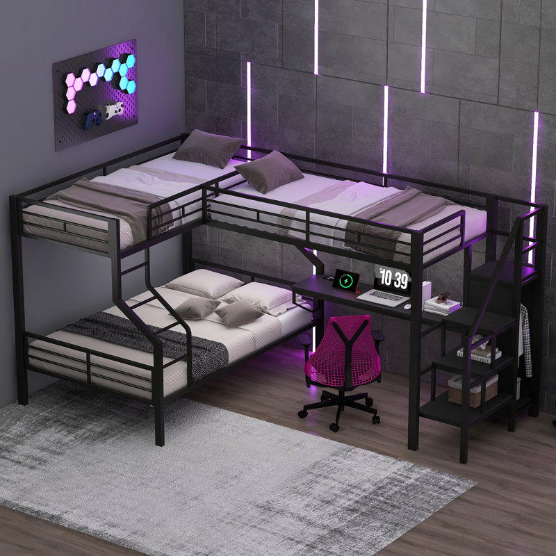 Lit superposé simple au-dessus d'un lit double en L avec lit mezzanine, garde-robe intégrée, bureau, ports USB, rangement compact, noir