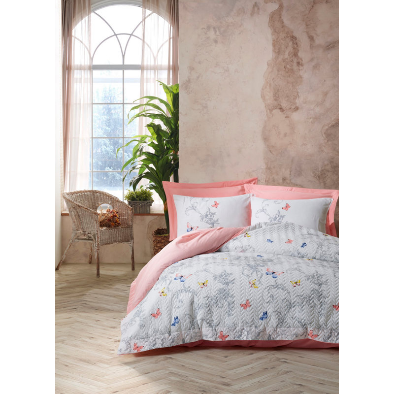 Ensemble de housse de couette 100% coton saumon / blanc / gris 4 pièces