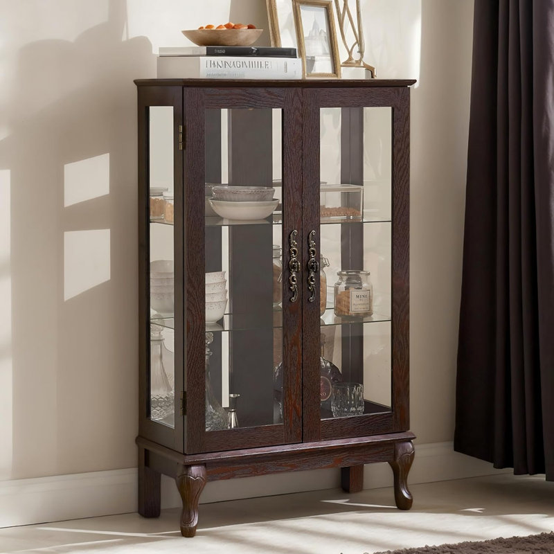  44" Lighted Curio Cabinet, 3-Tier Glass Display Cabinet with Glass Doors & Adjustable Shelves, Acrylic Back Panel, Light Blub Included, Vintage China Cabinet for Living Room, Kitchen