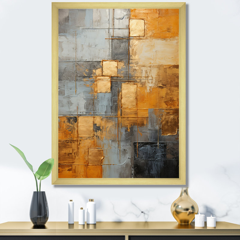 Filancia, gris doré, géométrie brillante III sur toile, H 20 po x l 12 po x P 1 po, Encadrement doré