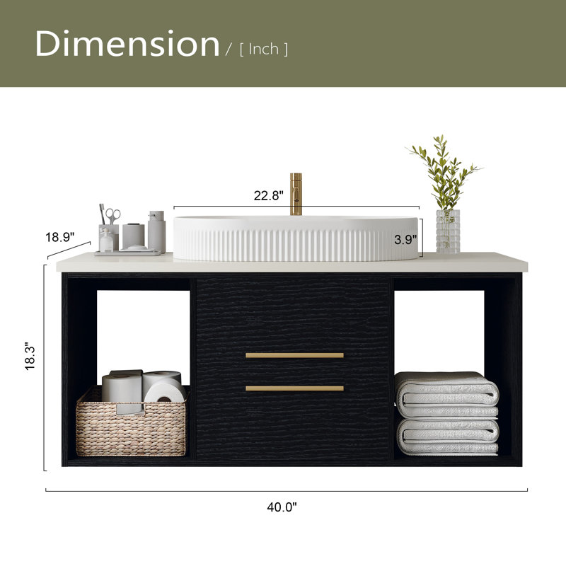 Meuble-lavabo mural moderne 40 po avec meuble-lavabo flottant en céramique