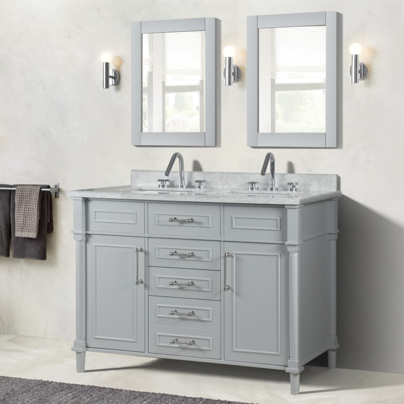 Meuble-lavabo double 48 po avec plateau en marbre de Carrare blanc Aimee-Lynn, Gris clair