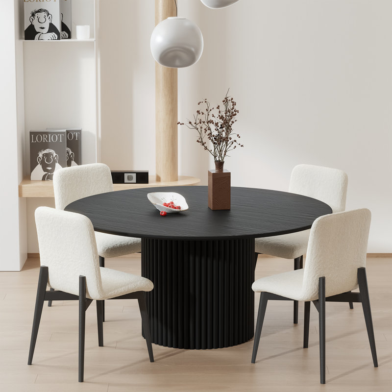 Solid Wood Round Dining Table Kitchen Table With Upholstered Dining Chairs, Black