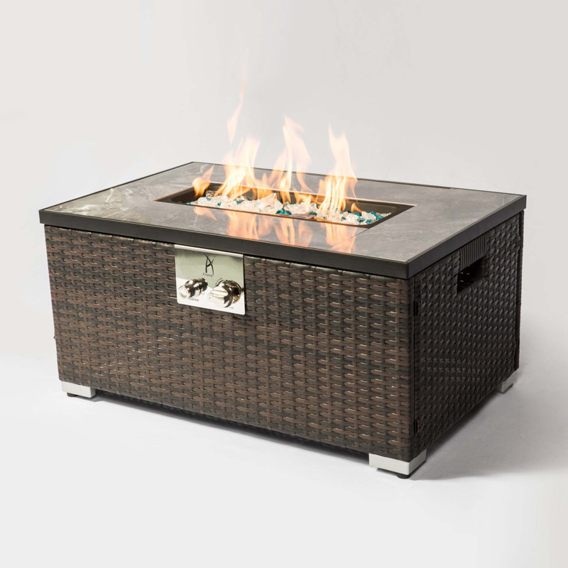 Brown Rattan Gas Fire Pit Table with Ceramic Tile Top
