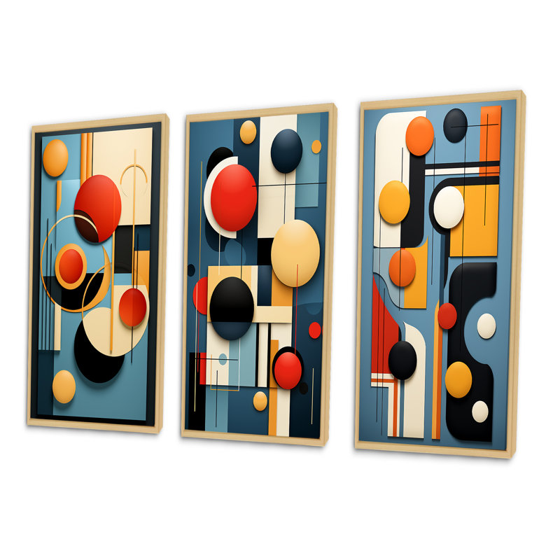 «Retro Bliss Abstract Circular Geometrics II», 3 pièces sur toile, Cadre naturel flottant, H 28 po x l 36 po