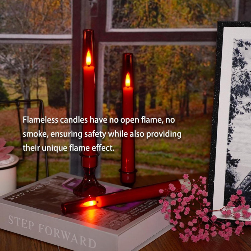 Flameless Taper Candles With Remote,6 PC Acrylic Battery Operated Candles With Candlesticks,Flickering Led Window Candles For Home Table And Wedding Decor(Red)