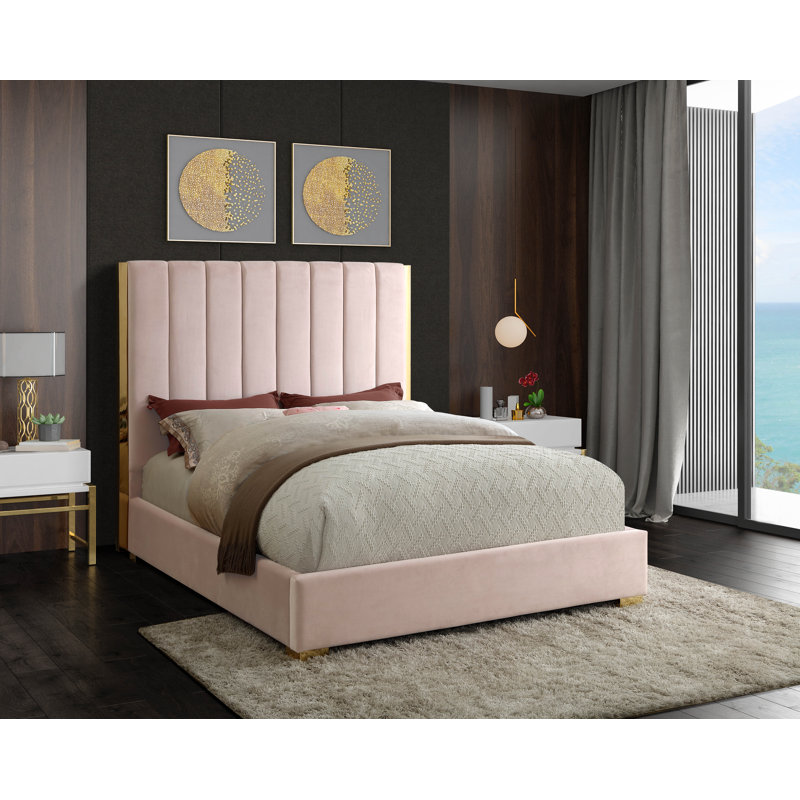 Lit plateforme tapissier à profil bas Aeliana, Velours rose, Double