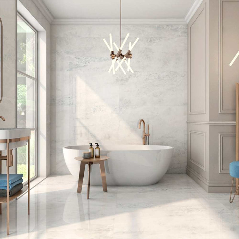 Adin 24" x 48" Marble Look Porcelain Tile, White/Gray