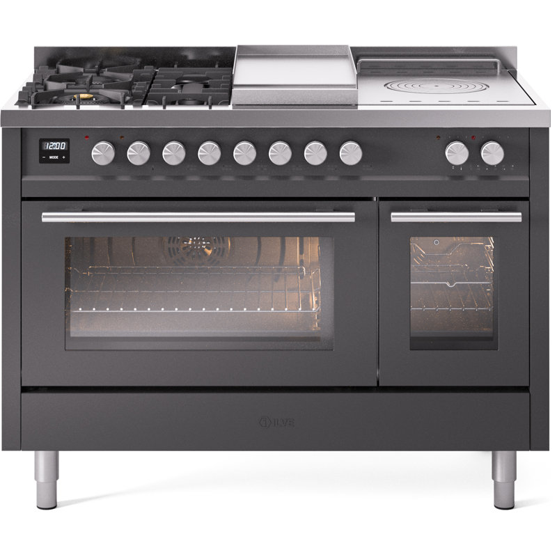 ILVE Professional Plus II 48 cuisinière à double combustible, 5 brûleurs scellés, plaque chauffante (graphite), Graphite mat