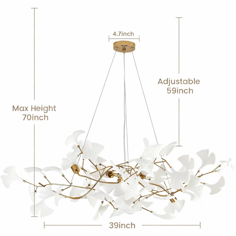 Grands lustres en céramique à feuilles de ginkgo avec structure en forme de branche en laiton pour la salle à manger