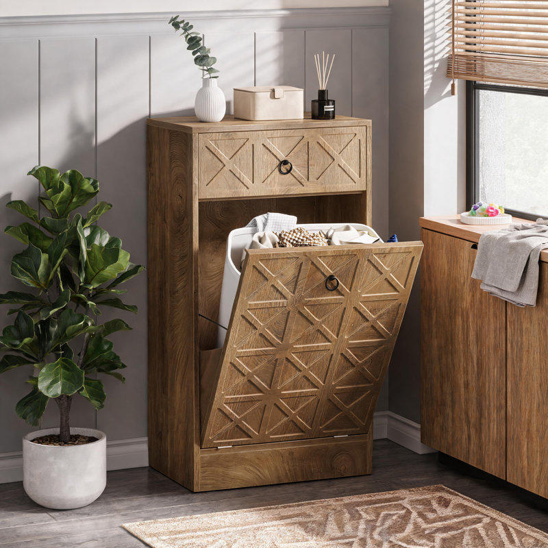 13 Gallon Tilt-Out Laundry Hamper Cabinet with Drawer, Wooden Hidden Laundry Hamper, 1