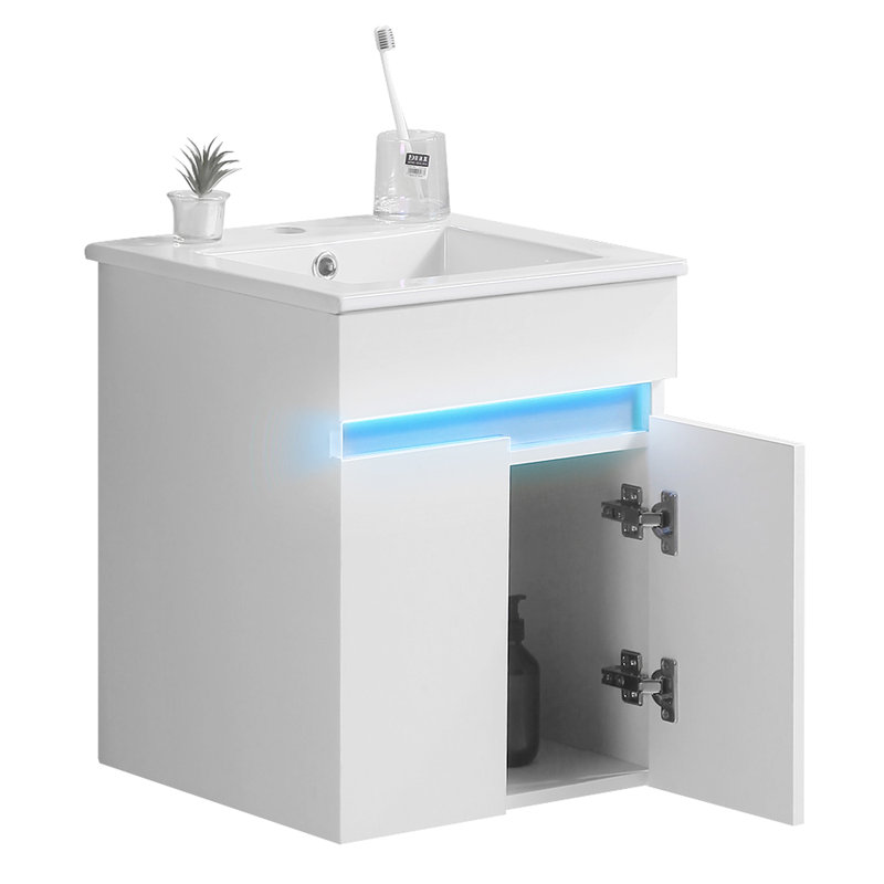 Meuble-lavabo de 16 po avec lavabo, armoire murale pour petit espace, blanc. Détection de radars, grand espace de rangement, lavabo en céramique. Style moderne. Mini-salle de bain à assembler. Livré avec amplement de rangement