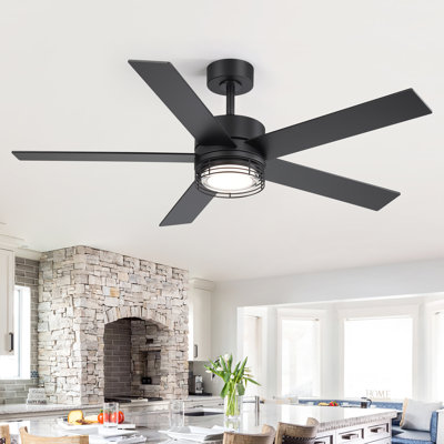 Ventilateur de plafond de 132 cm avec éclairage et télécommande, éclairage DEL 3CCT à intensité variable, moteur CC réversible à 6 vitesses, fini noir/imitation bois