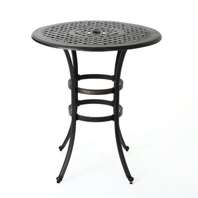 Traditional Cast Aluminium Bar Table Featuring - Top With Dark Bronze Finish, Rust Proof, Central Umbrella Hole, 37.84" X 41.93 Elegant Pattern And Color, , Holder In Middle, 37" Wide 41.5" Tall