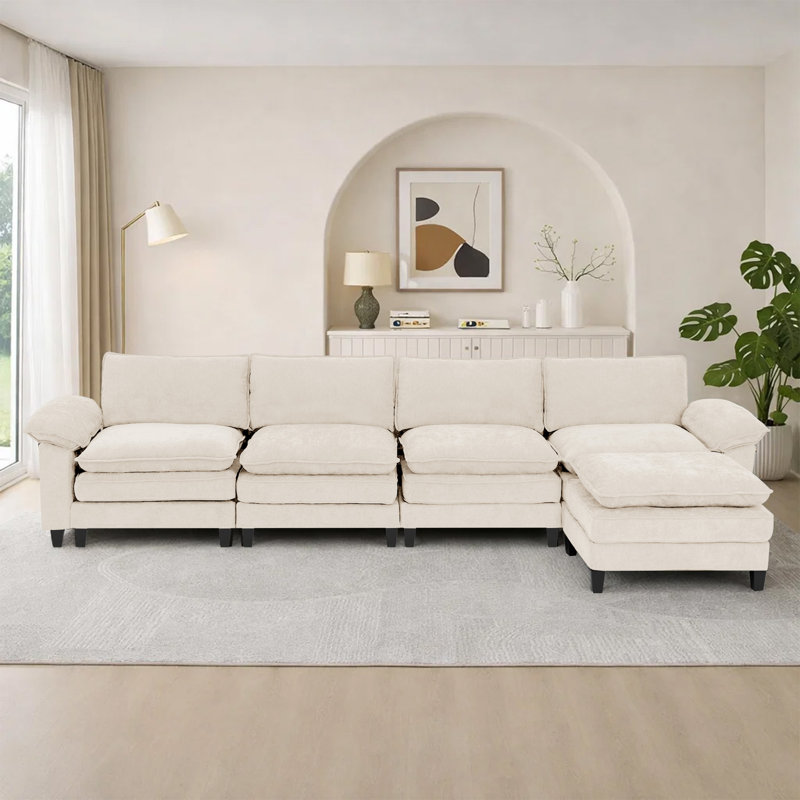 Canapé d'angle rembourré avec 1 repose-pieds, H 37,4 po x l 146,5 po x P 61 po, Tissu beige