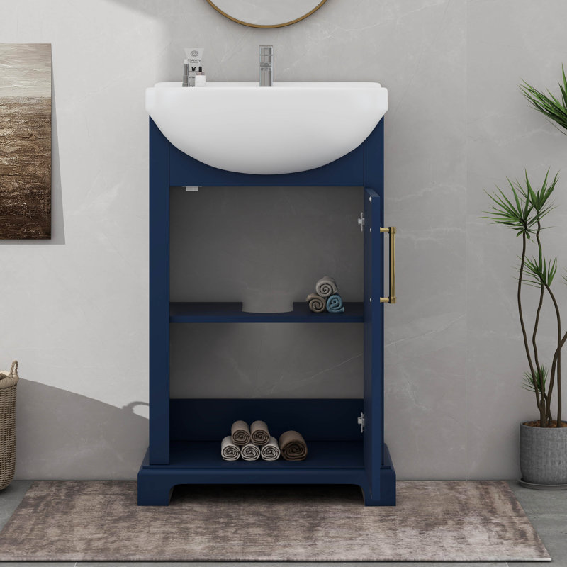 Meuble-lavabo de salle de bain avec lavabo en céramique bombé, style français, Bleu