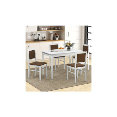 Farmhouse Wood Dining Table Set For 4 – Rectangular Table With 4 PU Leather Chairs, White
