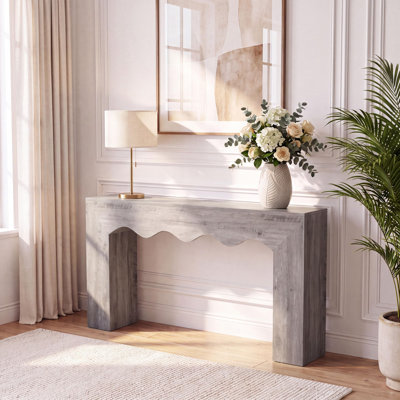 63" Farmhouse Console Table with Wave Edge, Wooden Entryway Sofa Table Behind Couch for Hallway & Living Room, Gray
