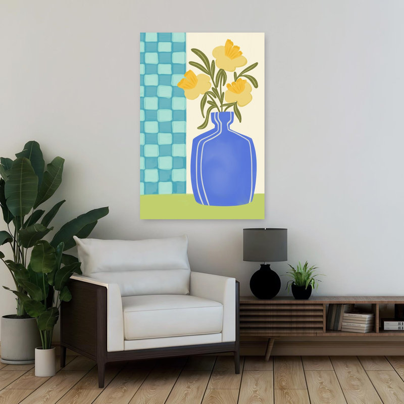 Fleurs jaunes, vase bleu, art moderne printemps-été