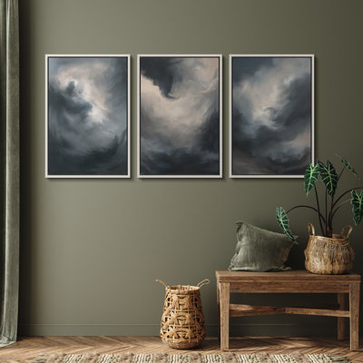Stormy Cloud Abstract Canvas Print Wall Art Set of 3 - Moody Sky Decor for Bedroom or Lounge