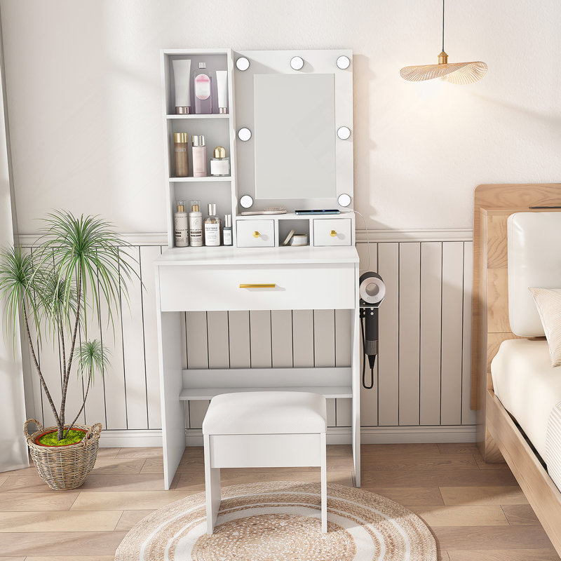 Table de coiffeuse avec miroir et lumières DEL réglables, prise de courant, support pour sèche-cheveux et tabouret, bureau de rangement compact et fonctionnel pour les petites chambres