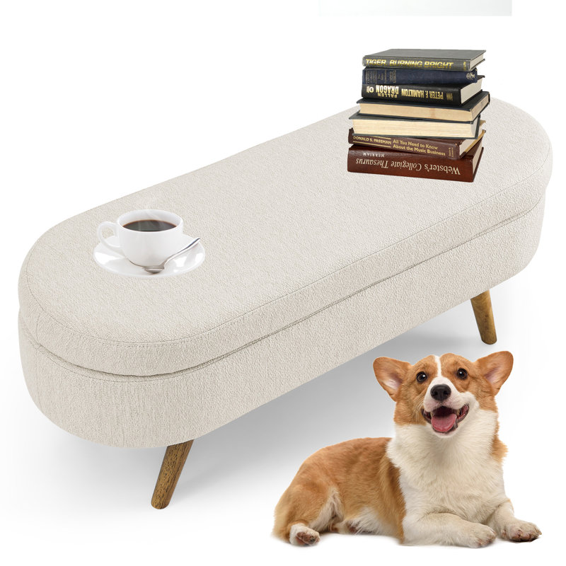 Repose-pieds avec rangement en tissu de lin et pieds en bois d'hévéa, Beige / brun foncé