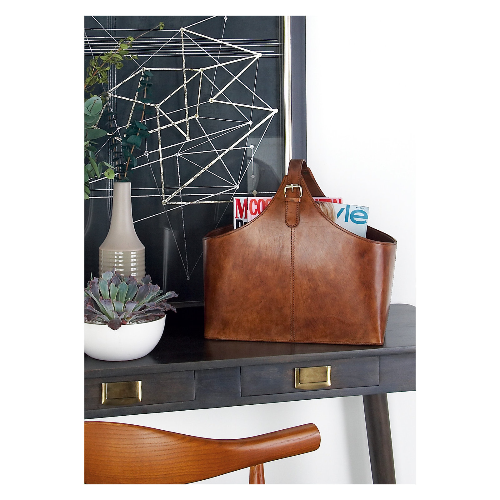 Alline Leather Magazine Rack, Reddish Brown