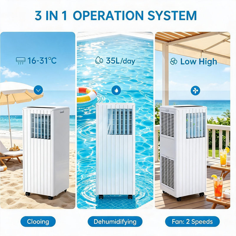Portable Air Conditioner Air Conditioning Unit 9000 BTU Energy Class A 4-in-1 Cooling Fan Dehumidifier for Rooms Up to 35㎡ 400sq.ft R290 Refrigerant 2 Speeds 24H Timer LED Display Remote Control.