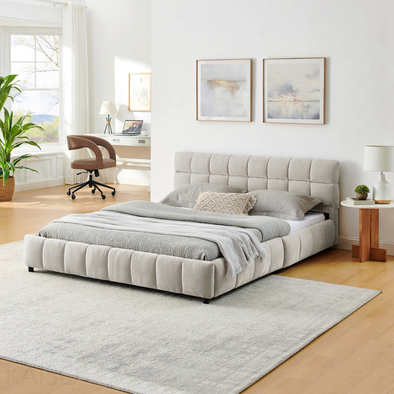 Grand lit tapissier, cadre de lit rembourré confortable, tissu chenille, avec tête de lit et cadre de lit solide. Avec tiroir pour le rangement - beige (88,5 po x 68,5 po x 31 po)