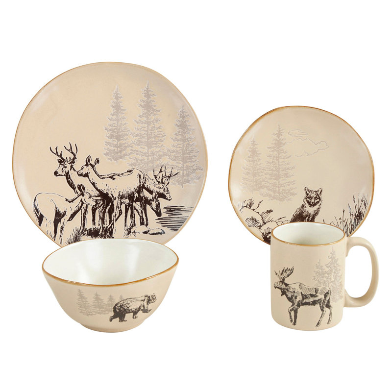 White Pine Brown Ceramic Rustic Lodge Pine Tree Bear Deer Moose Fox Print 16 Piece Dinnerware Set