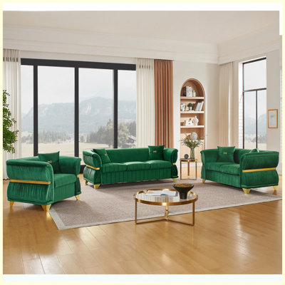 Ensemble de canapé en velours vert émeraude 3 pièces, fauteuil, causeuse et canapé 3 places avec garniture en métal doré, pieds fuselés dorés et accoudoirs courbés