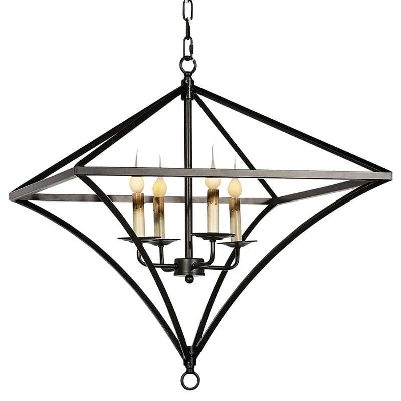 Trion 4 - Light Candle Style Geometric Chandelier with Wrought Iron Accents, Flat Black